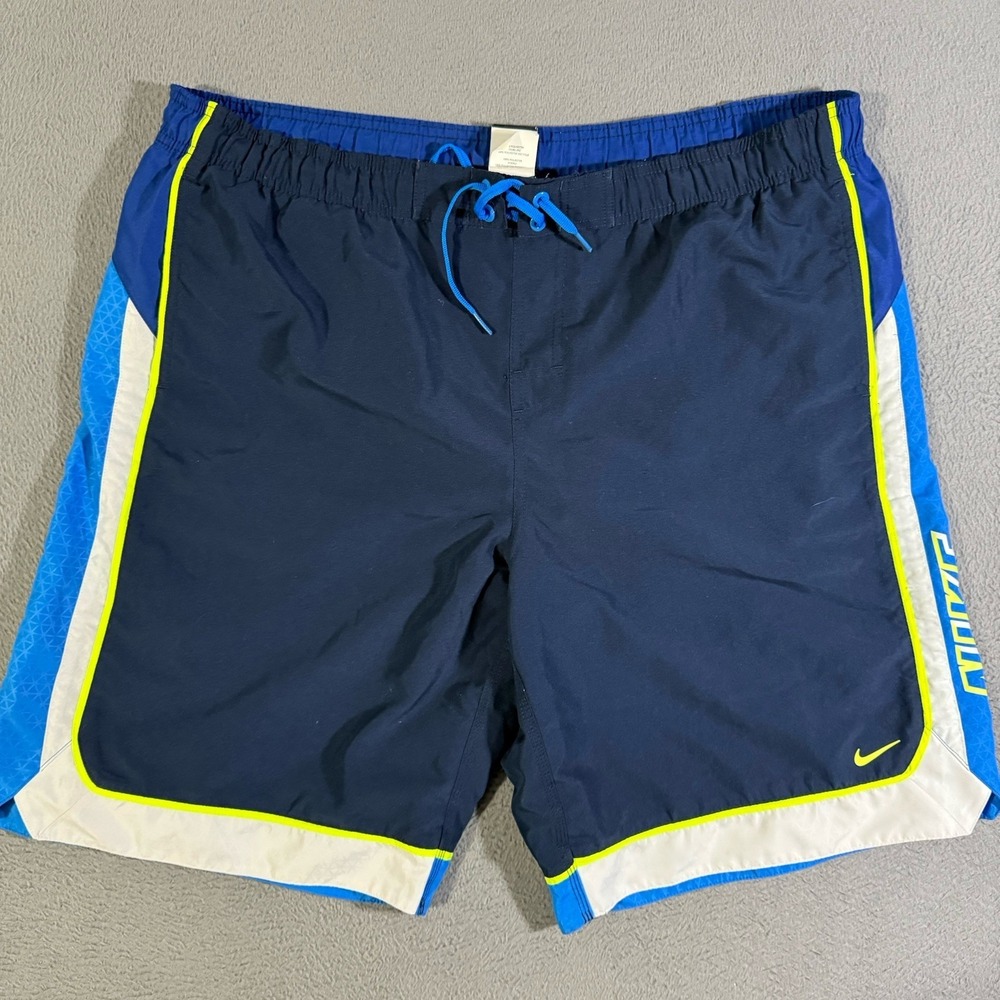 Vintage Nike Swim Trunks Mens XXL Blue Neon Yellow Pockets Mesh Lined 11" Inseam